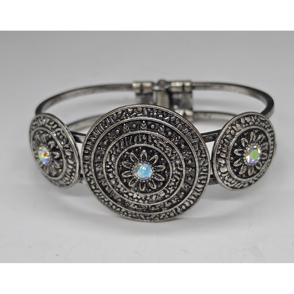 Boho Chic Hinged Bangle Bracelet Concho Medallions And Iridescent Rhinestones